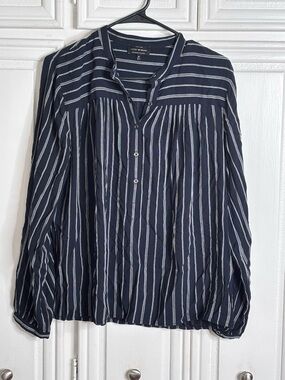 Lucky Brand Navy and White Striped Button-Front Blouse M